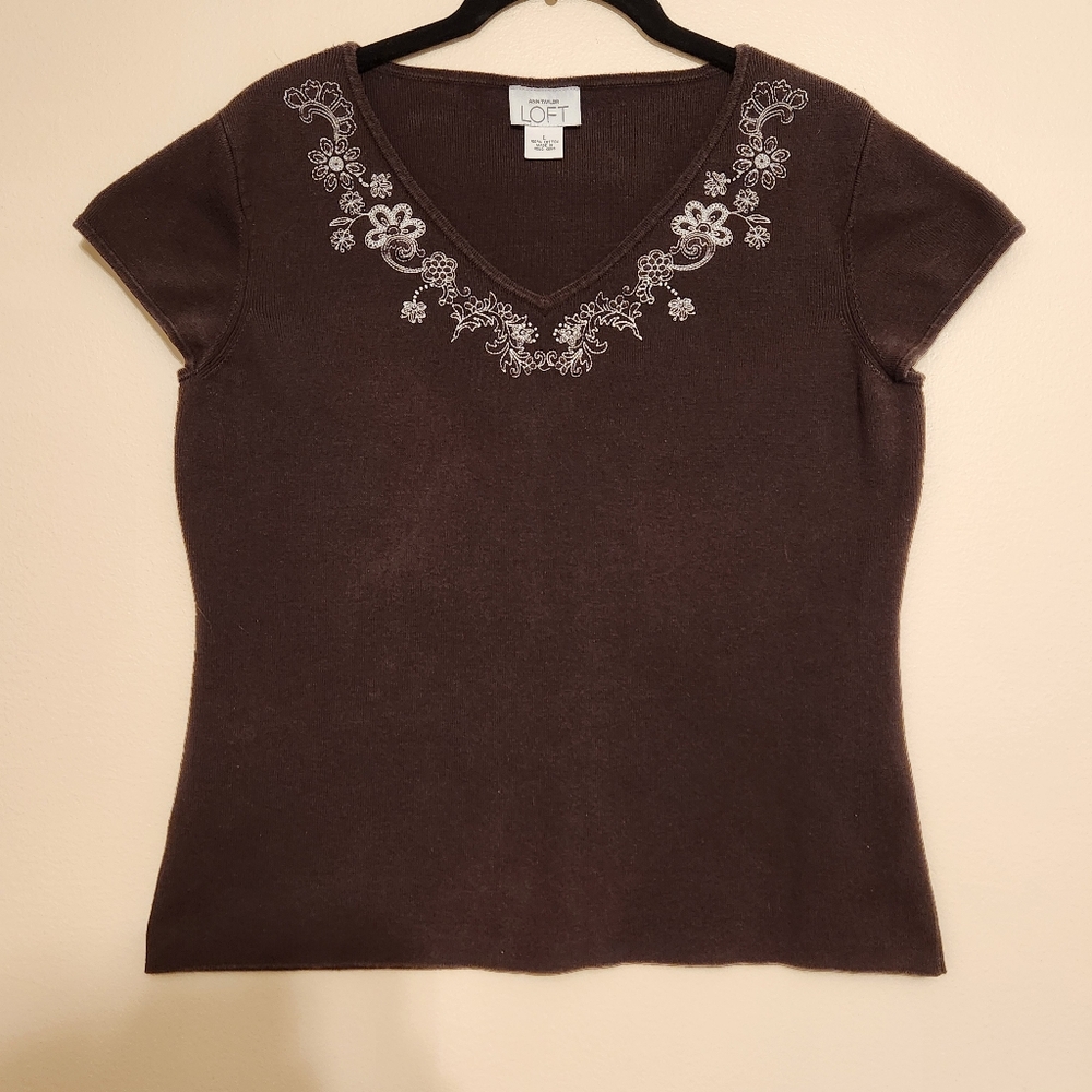 Ann Taylor LOFT Embroidered Floral Short Sleeve Shirt